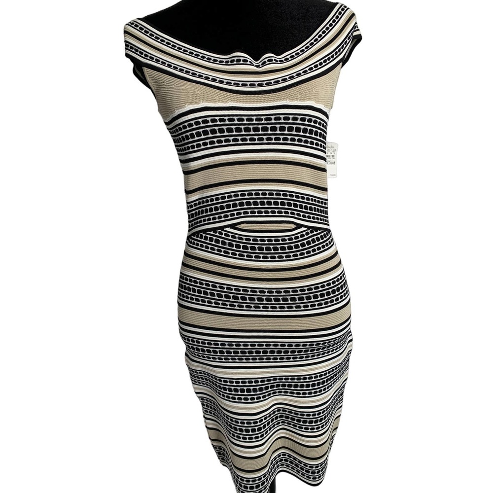 NWT Ronny Kobo Black White Tan Stripe Off Shoulder Sweater Dress Sz M